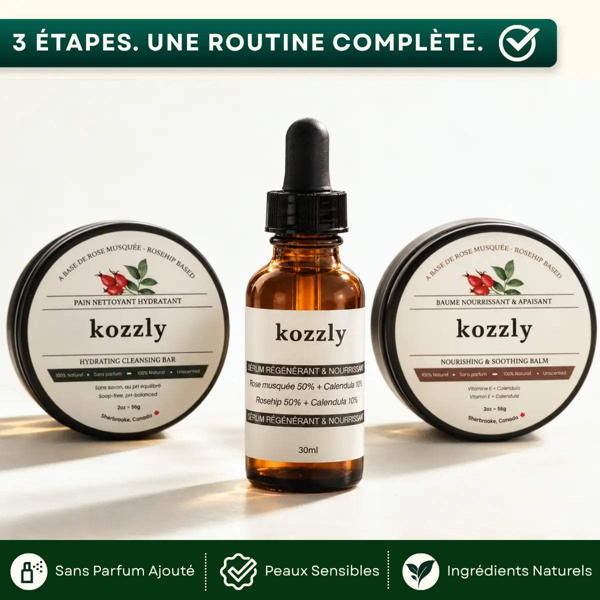 LE RITUEL KOZZLY · 3 ÉTAPES POUR PEAUX RÉACTIVES