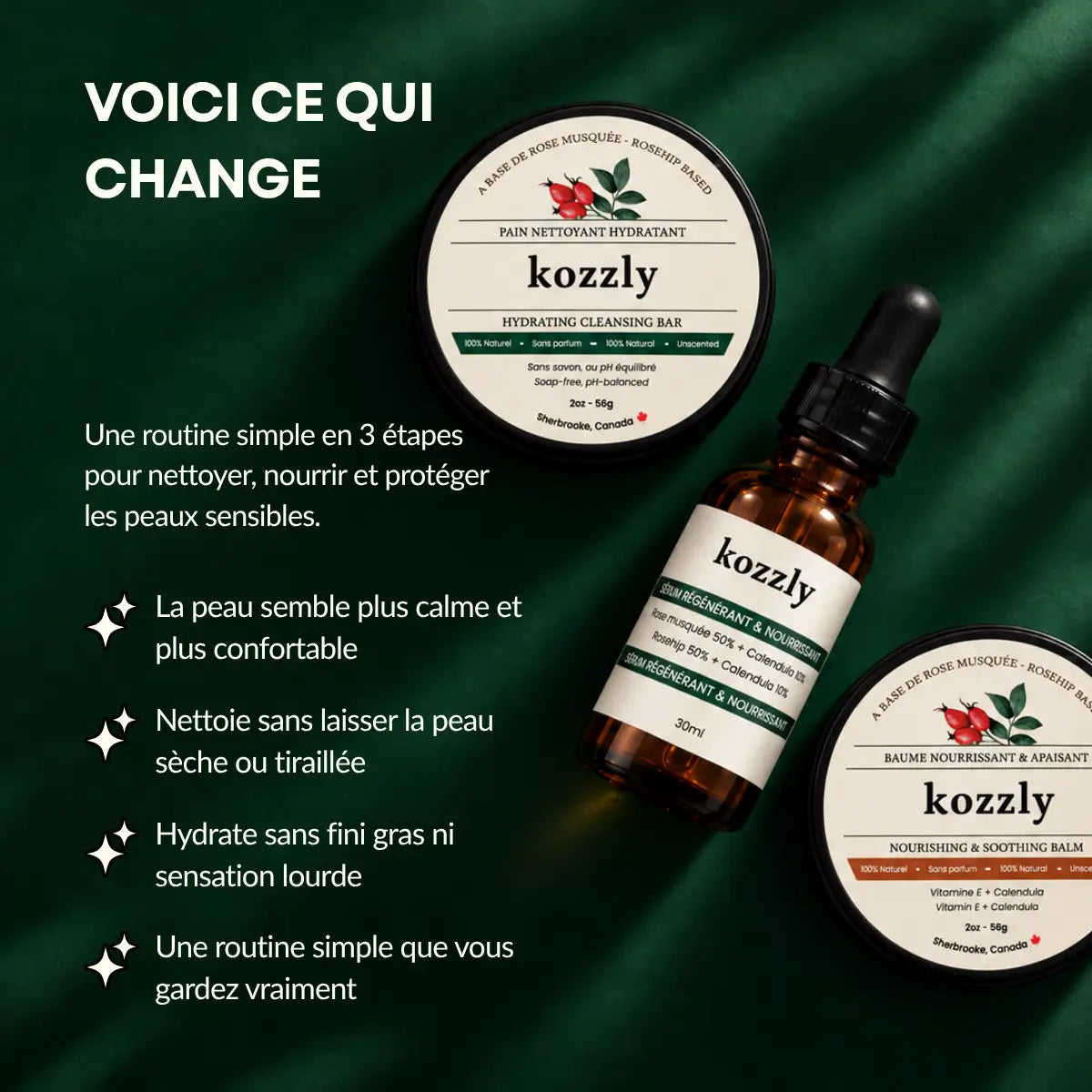LE RITUEL KOZZLY · 3 ÉTAPES POUR PEAUX RÉACTIVES